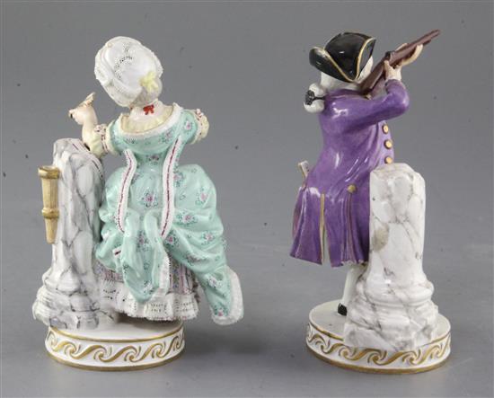 A pair of Meissen figures of a lady and gentleman, 19th century, after the model by Acier, height 15.5cm. some restorations
